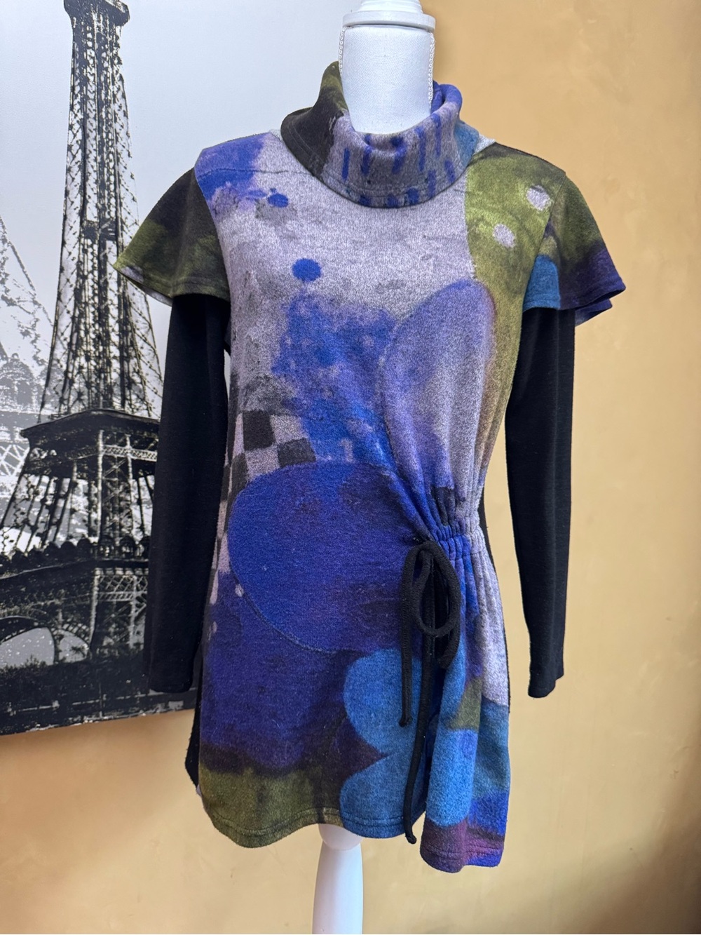 Abstract Print Drawstring Tunic in Blue and Green